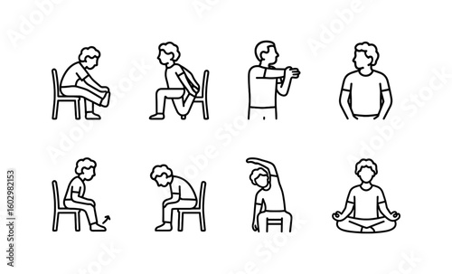 Simple line art exercise poses: yoga, stretching, and seated movements