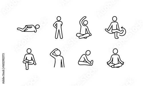 Outlined yoga poses featuring diverse seated and standing positions