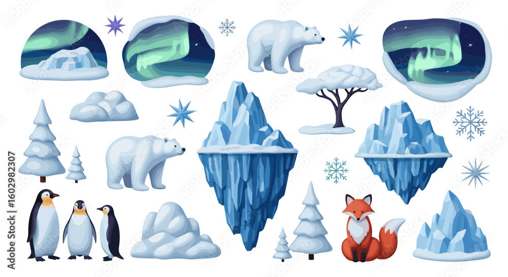 Naklejka premium A collection of arctic themed illustrations featuring animals ice formations and aurora borealis imagery