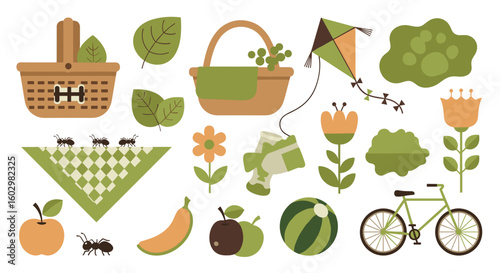 Illustration of picnic basket, kite, bicycle, fruits, flowers and ants on a picnic blanket in flat design