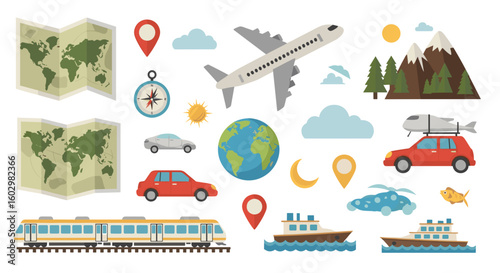 Illustration of various travel elements including maps, airplane, train, cars, and boats displayed