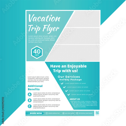Editable travel agency flyer template for promotional use, featuring a clean and modern layout to highlight tours, packages, or seasonal vacations in vector format