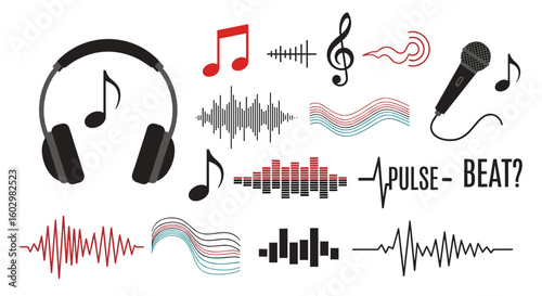 Collection of music related elements including headphones microphone and musical notes and waveforms art