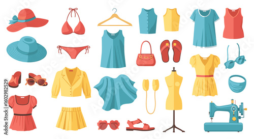 Collection of summer clothing items including dresses swimwear hats and sewing machine displayed together