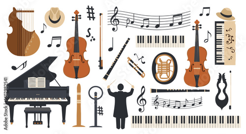 Illustration showcasing an assortment of musical instruments including stringed woodwind and keyboard instruments