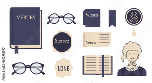 Illustration showcasing books glasses and paper scraps with text and a woman in contemplation pose