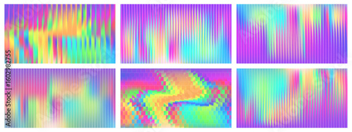 Y2K gradient glass background set with chromatic color patterns and reeded effect. Modern neon abstract design featuring fractal ribbed textures and prism distortion. Multicolor glassmorphism.