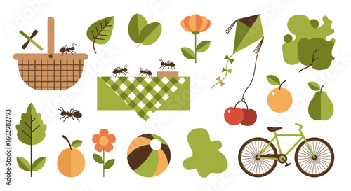 Illustration showing a picnic basket ants picnic blanket kite fruits and a bicycle arranged randomly