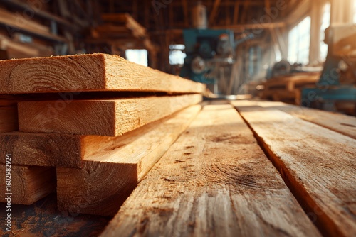 Stacked pine boards in sunlit sawmill workshop showing freshly cut lumber