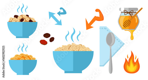 Illustration of oatmeal bowls with steam honey jar spoon napkin and muscle arrows for healthy breakfast