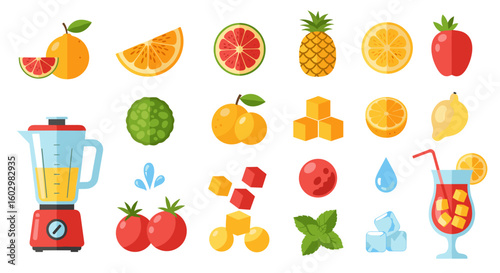 Illustration of a blender surrounded by various fruits ice cubes and a glass of juice on a white background