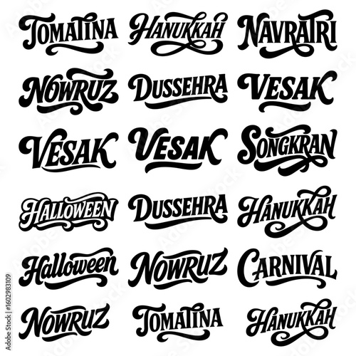 World Festival Holiday Calligraphy Typography Vector Cultural Celebration Lettering Set