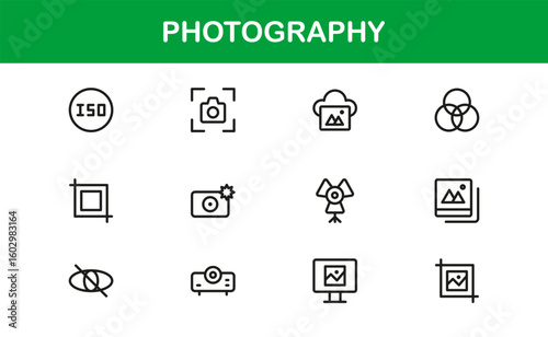 Photography mastery captured with minimal clarity, premium modern vector line icon collection showcasing camera, DSLR, lens, tripod, flash, studio gear symbols