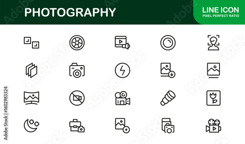 Photography mastery captured with minimal clarity, premium modern vector line icon collection showcasing camera, DSLR, lens, tripod, flash, studio gear symbols