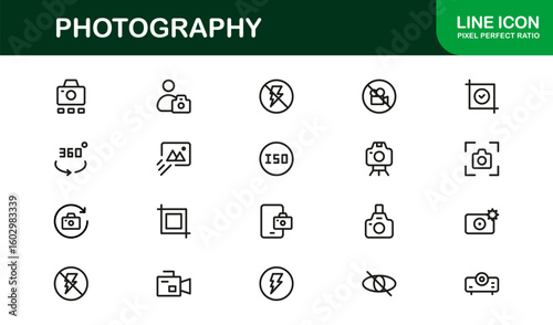 Photography mastery captured with minimal clarity, premium modern vector line icon collection showcasing camera, DSLR, lens, tripod, flash, studio gear symbols