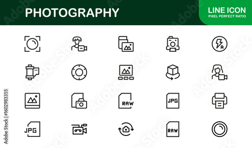 Photography mastery captured with minimal clarity, premium modern vector line icon collection showcasing camera, DSLR, lens, tripod, flash, studio gear symbols