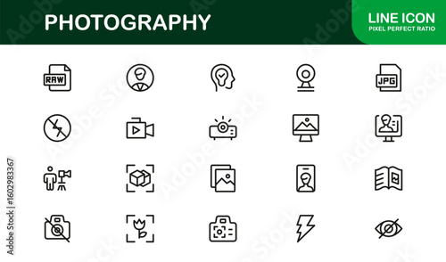 Photography mastery captured with minimal clarity, premium modern vector line icon collection showcasing camera, DSLR, lens, tripod, flash, studio gear symbols