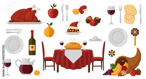 Festive thanksgiving dinner table setting with traditional dishes and holiday decorations displayed nicely