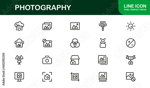 Photography mastery captured with minimal clarity, premium modern vector line icon collection showcasing camera, DSLR, lens, tripod, flash, studio gear symbols