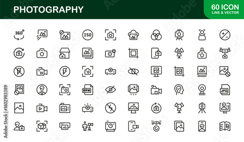Photography mastery captured with minimal clarity, premium modern vector line icon collection showcasing camera, DSLR, lens, tripod, flash, studio gear symbols