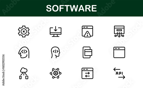 Software solutions visualized in bold style – Professional vector line icon set featuring coding, development, cloud, cybersecurity, UI, DevOps, API, SaaS