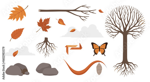 Autumnal illustration featuring leaves tree branch butterfly and rocks in a nature themed arrangement