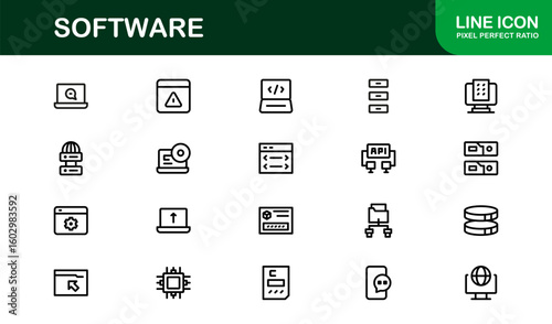 Software solutions visualized in bold style – Professional vector line icon set featuring coding, development, cloud, cybersecurity, UI, DevOps, API, SaaS