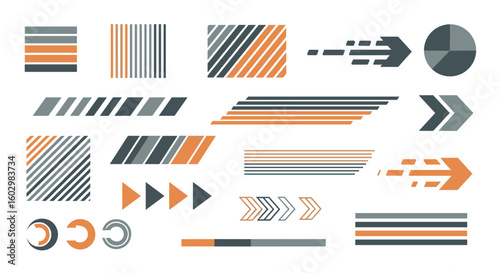 Collection of abstract graphic elements featuring lines arrows and geometric shapes in orange and gray hues