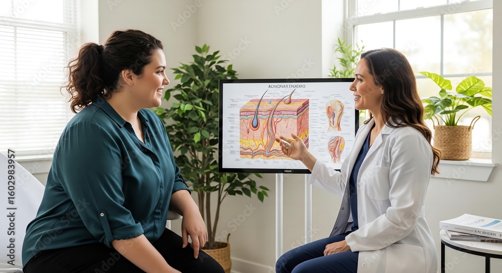 Obraz premium A plus-size woman in a positive and caring consultation with a dermatologist, discussing skin health.