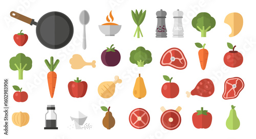 Flat lay illustration of cooking ingredients and utensils including fruit vegetables and meat cuts arranged neatly