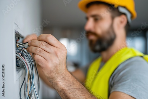 Person connecting new appliance, focusing on electrical panel, highlighting safety precautions. Concept of person connecting new appliance with emphasis on safety. 