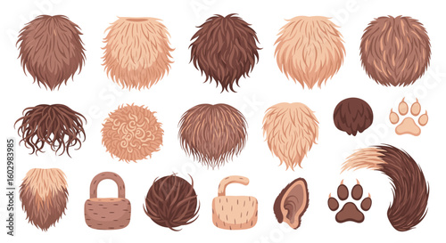 Collection of various animal fur textures and body parts including tails ears and paws in different colors
