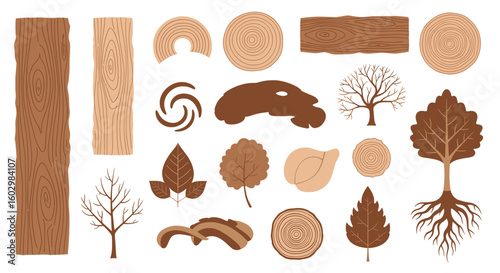 Illustration of various wood elements including planks tree rings leaves and tree silhouettes in brown tones