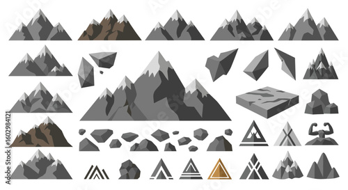 Collection of stylized mountain range illustrations with various rock formations and geometric designs