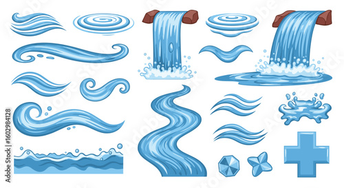 Illustration featuring various stylized water elements including waterfalls and water ripples design set
