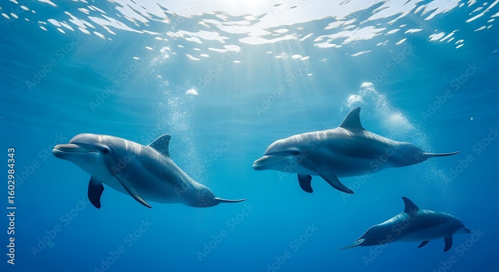Naklejka premium Three dolphins gracefully swim in sunlit, deep blue ocean water.