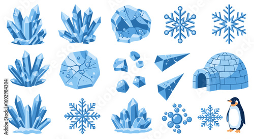 Collection of winter themed elements featuring crystals snowflakes and an igloo with a penguin friend