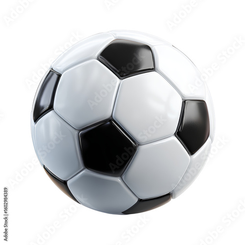 Classic black and white soccer ball emoji with subtle shadows and glossy finish, isolated on transparent background png