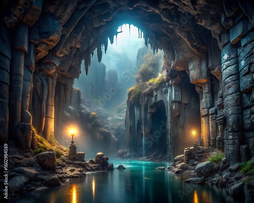 Photo of an ethereal underground cave with a glowing river and ancient rock formations