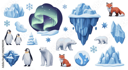 Illustration of arctic animals, icebergs, aurora borealis, and snowflakes on a white background scene