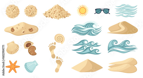 Collection of beach themed elements including sand, shells, waves, sun, and footprints on a white background