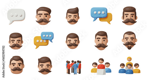 Illustration of diverse people avatars with mustaches and speech bubbles on a white background scene