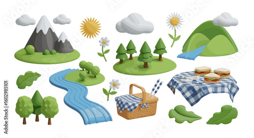 A delightful picnic scene featuring mountains trees river basket and sandwiches under a sunny sky with clouds