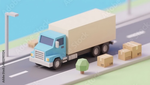 Illustrative Scene of a Delivery Truck on a Road with Packages
