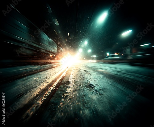 the scene depicts a distorted, high speed perspective of a street at night