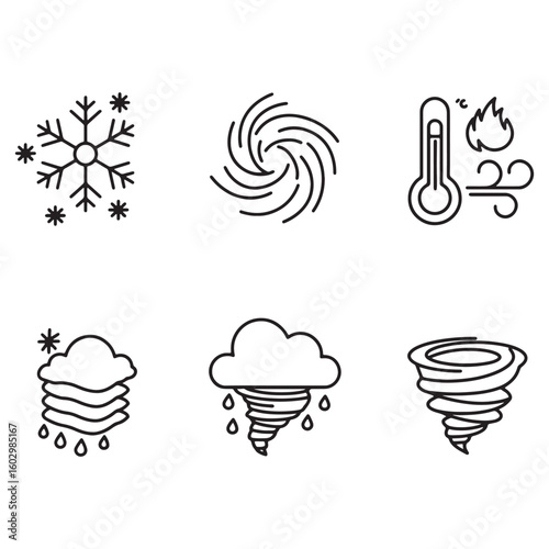 Vector illustration of simple line art weather icons depicting natural climate conditions