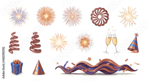 Festive celebration elements including fireworks champagne flutes and party decorations on white background