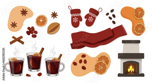 Winter themed illustration featuring mulled wine fireplace and cozy accessories on a white background