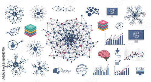 Illustration of data science elements including neural networks, graphs, and data visualizations