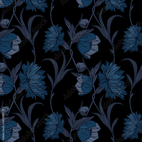  A sophisticated seamless pattern showcasing lush, detailed floral motifs in various shades of serene blue and cool grey. The deep black background provides a striking contrast, enhancing the elegance
